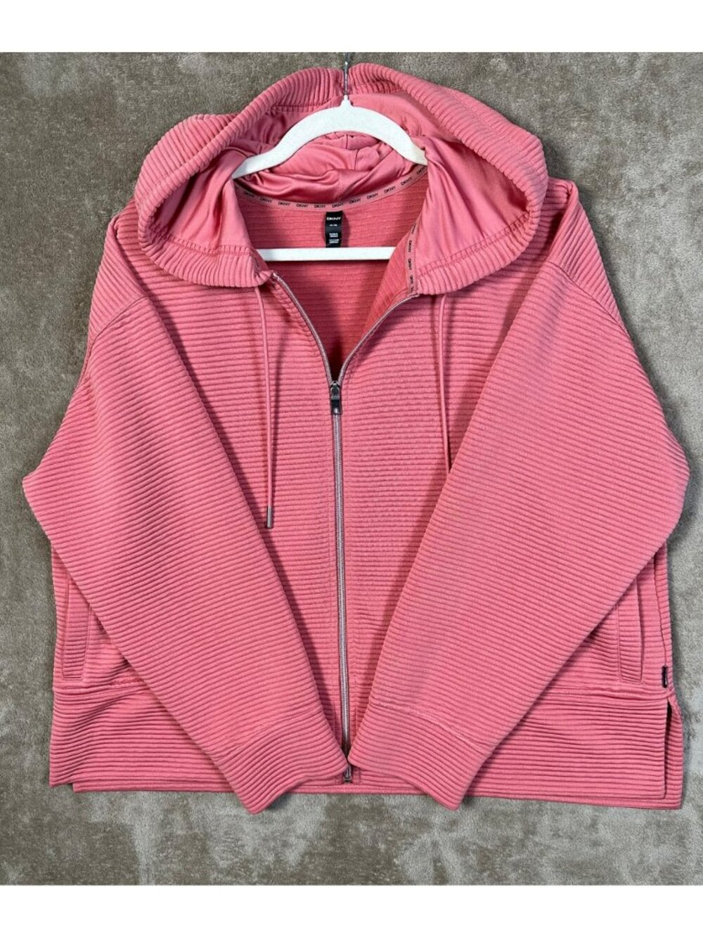 DKNY Women’s XXL Pink Ribbed Full Zip Hoodie Jacket Textured Stretch Athleisure